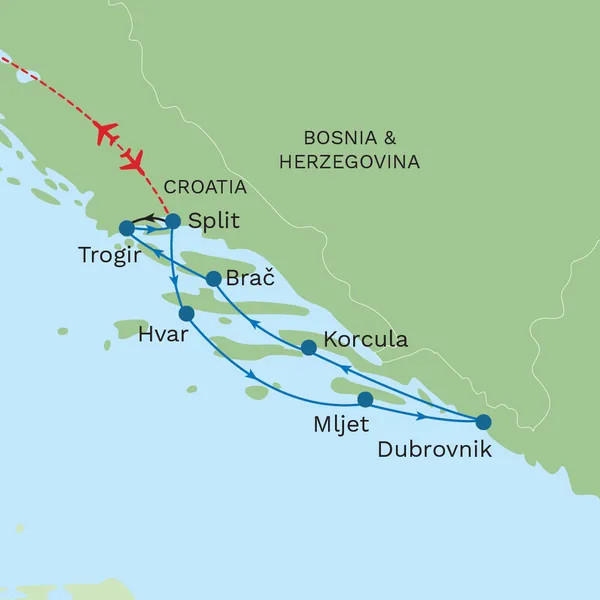 Croatian Island Cruise with Makarska Beach Stay Map