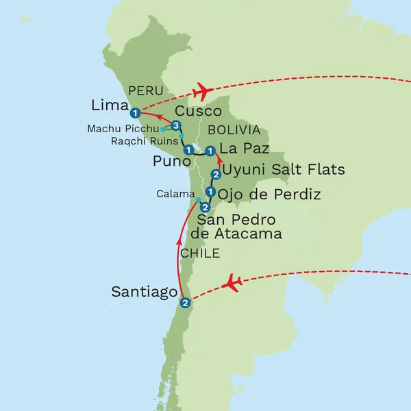 Chile, Bolivia and Peru with Amazon Adventure Extension for Solo Travellers Map