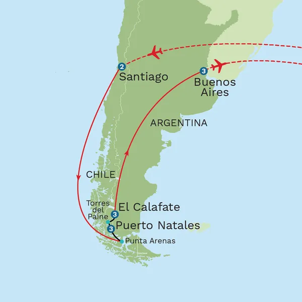 Chile, Argentina and Patagonia with Wildlife of the Pantanal Extension - Private Tour Map
