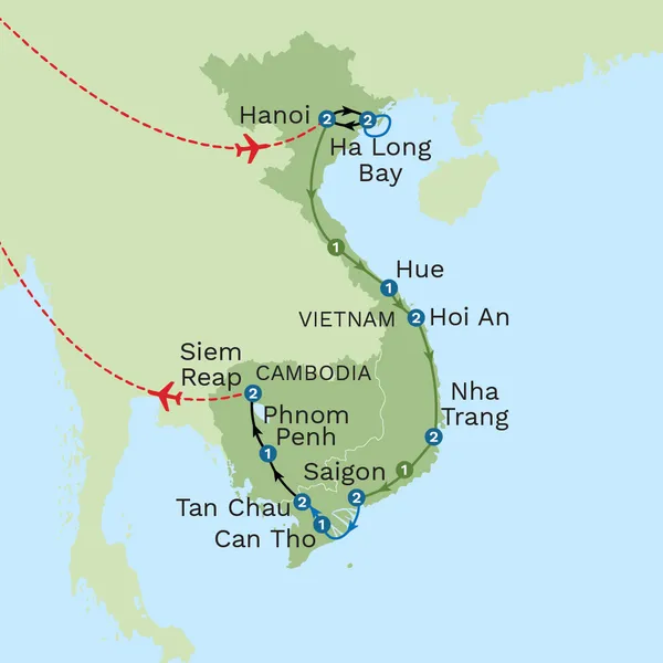 Vietnam and Cambodia Odyssey with Hoi An Beach Stay - Private Tour Map