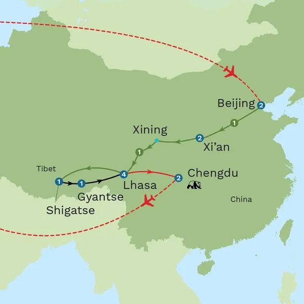 China and Tibet Rail Adventure with Hong Kong City Stay Map