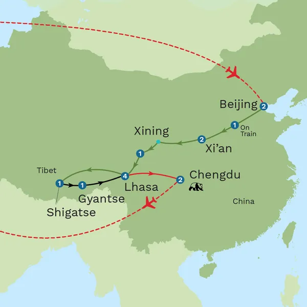 China and Tibet Rail Adventure Map
