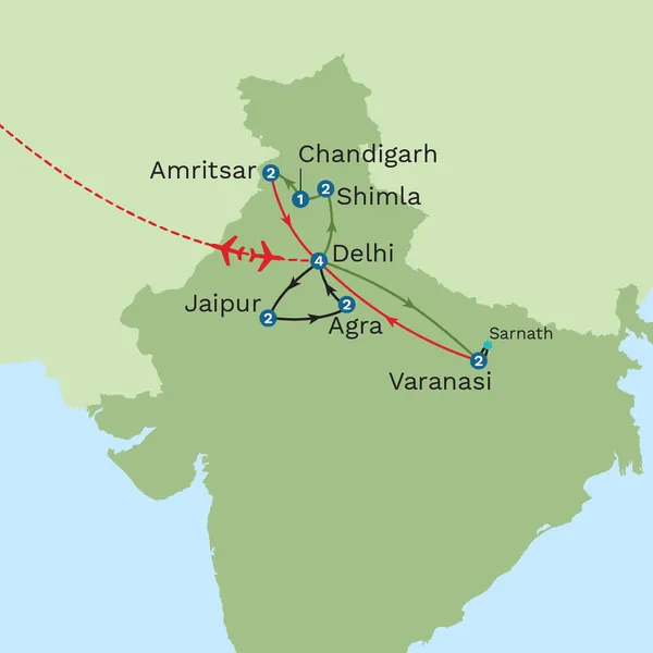 Grand Tour of North India with Tigers of Ranthambore Extension Map
