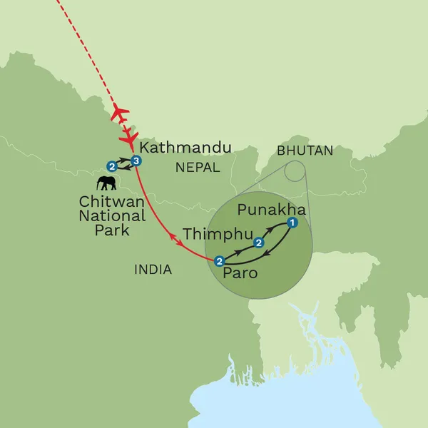 Himalayan Kingdoms of Nepal and Bhutan Map