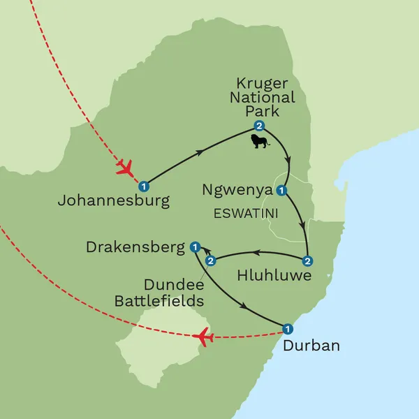 South Africa and Eswatini: Safaris, Kingdoms and Battlefields Map