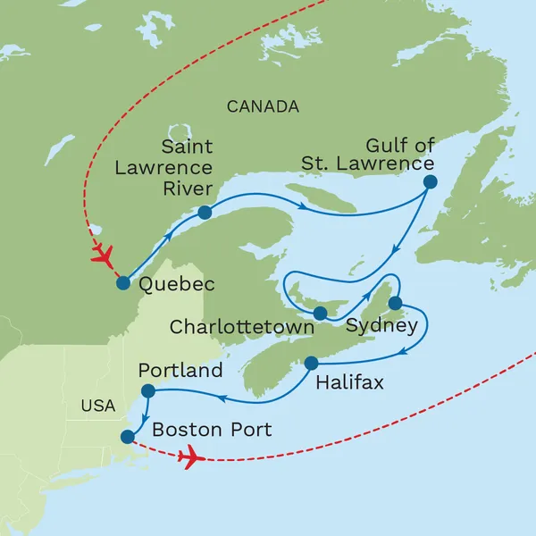 Canada & New England: UNESCO Sites and Quebecois Nights with Boston City Stay Map