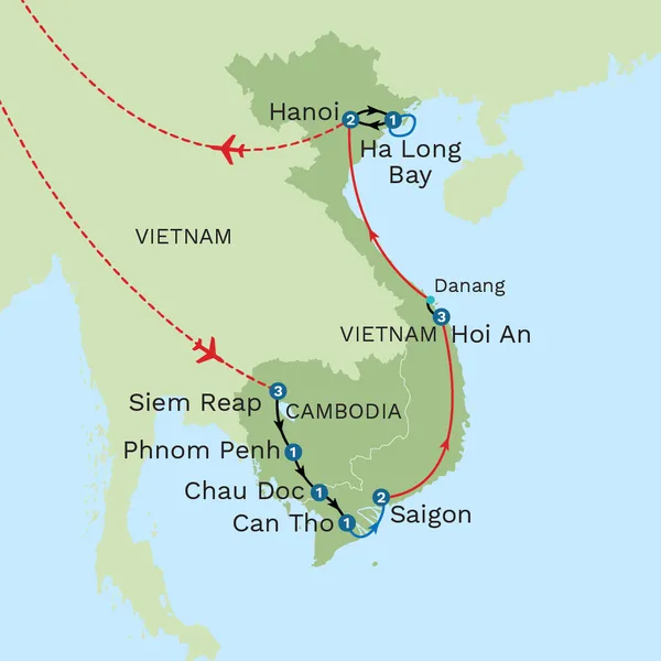 Vietnam and Cambodia Explorer - Summer with Laos Extension - Private Tour Map