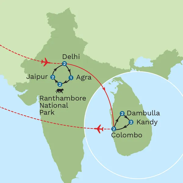 India and Sri Lanka – Forts, Temples & Tigers with Maldives Beach Stay Map