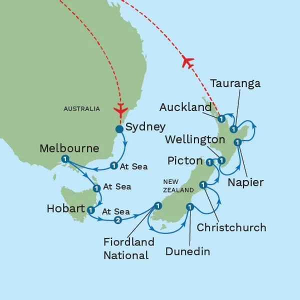 Australia and New Zealand: Sydney to Auckland with Pre-Cruise Sydney City Stay Map