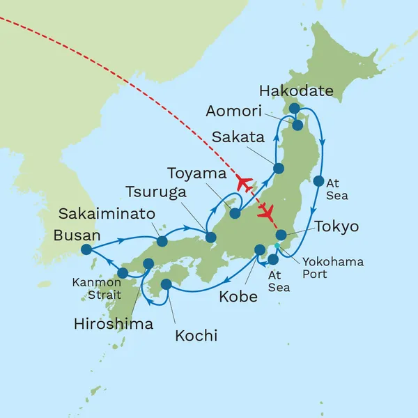 Japan Odyssey Cruise via Hiroshima with Tokyo City Stay Map