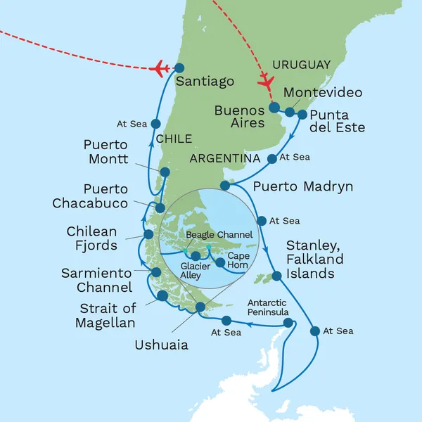 South America and Antarctica: Buenos Aires to Santiago with Santiago City Stay 2027 Map