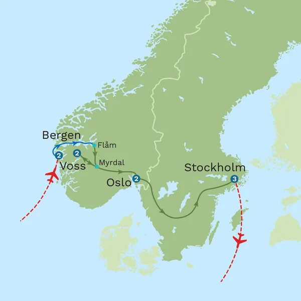 The Great Scandinavian Rail Journey with Copenhagen City Stay Map