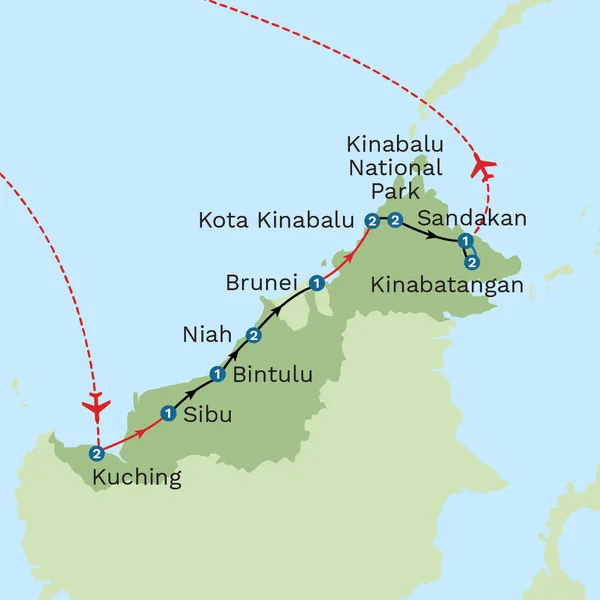 Wild Borneo and the Sultanate of Brunei with Kota Kinabalu Beach Stay - Private Tour Map
