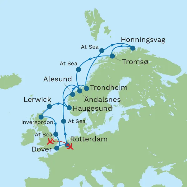 Norway’s Arctic Circle Crossing via Haugesund with Amsterdam City Stay Map