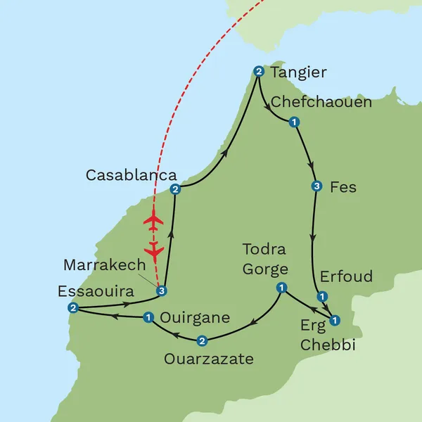 Grand Tour of Morocco with Agadir Beach Stay Map