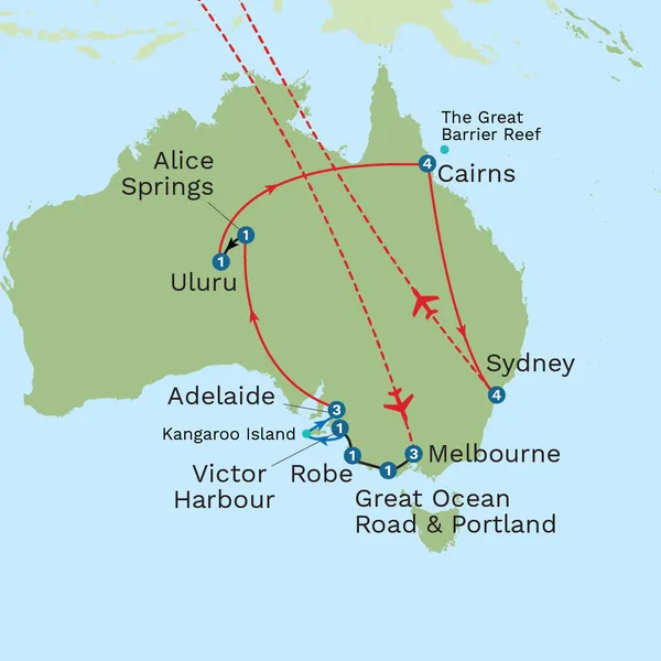 Australia: Uluru, Reefs and Wildlife with Bondi Beach Stay Map