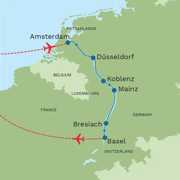 Cruising the Rhine: Amsterdam to Basel Map
